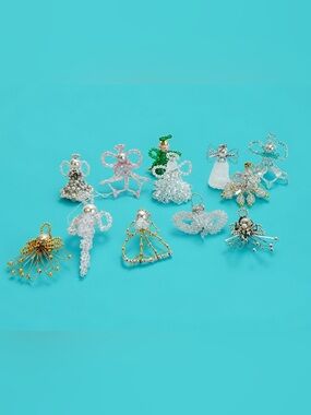 Vintage 1970s Handcrafted Plastic Beaded Angel Christmas Ornament Lot of 12